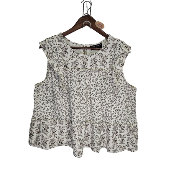 Lane Bryant Tops - Lane Bryant Womens 20 White Brown Floral Ruffle Tiered Cotton Sleeveless Blouse